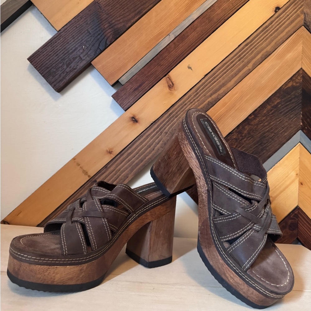 Candie's Brown Faux-Leather Platform Mules